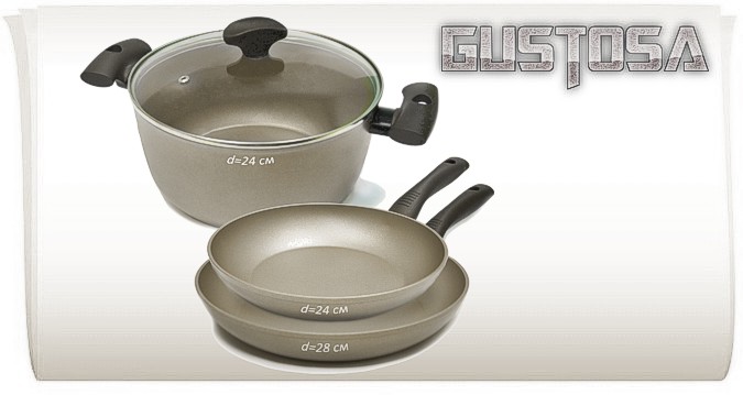 TVS Gustosa™ набор посуды: кастрюля Ø24см. с крышкой + сковороды Ø24см./28см. с покрытием Plustek® Арт. GS2792N7